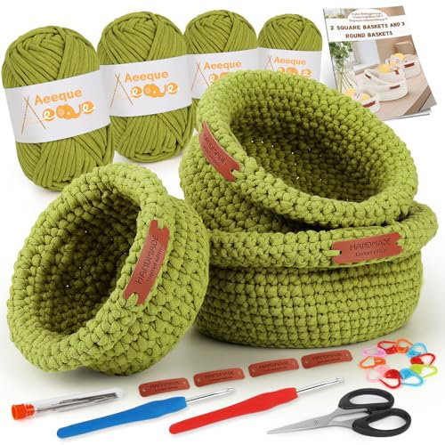 Aeeque 3pcs Körbe Häkeln Set, Rund Häkelkörbe Häkel Set mit Deutsch Anleitung für Erwachsene, Häkeln für Körbe DIY, Textilgarn zum Häkeln Tasche, Komplett Häckel Kit mit Zubehör, Grün