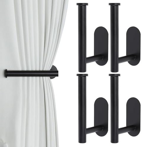 EOAMGO Curtain Holdbacks, 4 PCS Self Adhesive Tie Back Hooks, Metal No Drill Hooks for Curtains & Drapes (Black)