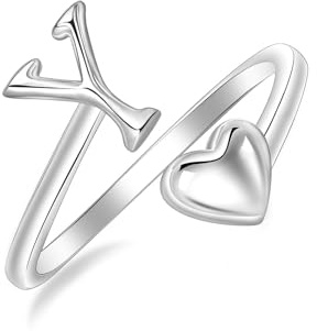 SILBERTALE 925 Sterling Silber Herz Ring mit Buchstaben Verstellbarer Größe 50 bis 58 Initiale A-Z Buchstabering individuellen Modeschmuck mit Geschenkbox