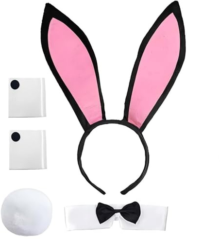 XIEXIESHER Costume De Lapin Set, 5 PièCes Costume De Lapin Pour Femme Avec Oreilles De Lapin Bandeau, NœUd Papillon, Manchettes, Queue, Pour Carnaval, Halloween, Cosplay