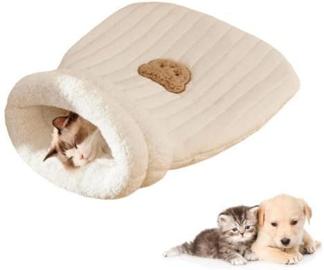 Kuscheliger SchlafenSack für Indoor-Katzen – Weicher Winter-Schlafsack, Selbstwärmendes Katzenbett, Halboffene Katzenhöhle mit Plüsch, Warmer Katzen-Sack für Katzen und Kätzchen (Weiß M)
