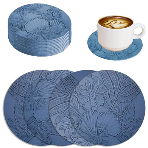 Untersetzer Gläser 12er Set, Floral Untersetzer 10cm Glasuntersetzer Leder Kunstleder Tischuntersetzer Wasserfeste rutschfeste Waschbar Lederoptik Untersetzer (Dunkelblau)