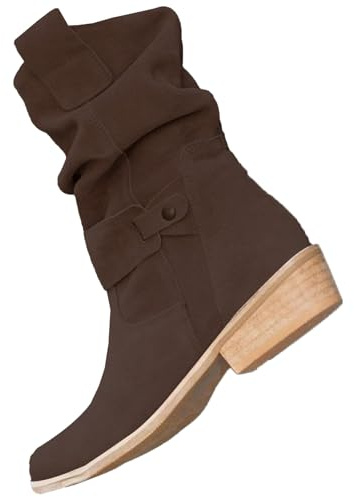 Slouch Mid Calf Flat Boots for Women UK Clearance Low Heeled Flats Boots Mid Calf Boots Women Suede Slip On Casual Boots with Side Zipper Pull on Slouchy Flat Boots