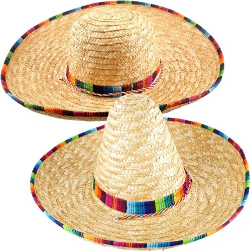 Haconba 2 Styles Large Mexican Sombrero Hat with Rainbow Serape Trim Big Sombrero Straw Hat for Adults Teens Mexican Fiesta Party