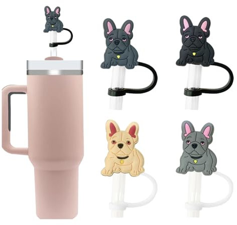 4 Pcs Bulldog Straw Cover for Stanley Cup 40&30oz Reusable Silicone Straw Covers 10mm Dust-Proof Straw Topper Cute Dog Straw Lips Universal Straw Tips Stanley Cup Accessories Dog Lover Gifts