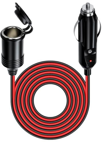 12V/24V Car Cigarette Lighter Extension Cord, 13FT/4M 16AWG Car Charger Extension Cable with 15A Fuse and LED Lights Heavy Duty Male to Female Socket Adapter for Trucks, Vans, RVs, Tire Inflators