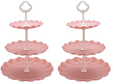 2Pack 3 Tier Cupcake Stand, Large Stable Afternoon Tea Stands, Plastic Round Cake Stand, Fruit Dessert Server Plates Stands, Reusable Food Serving Platter Stand for Birthday, Wedding, Party(Pink)