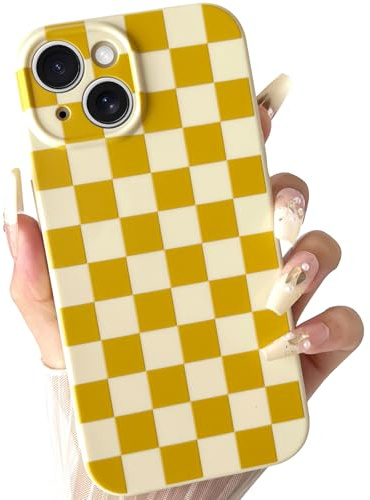 SmoBea Case for iPhone 13, Cute Checkered Checkerboard Pattern Design Soft TPU Silicone Phone Case with Camera Protection Slim Shockproof Protective Case for Women Girls - Yellow