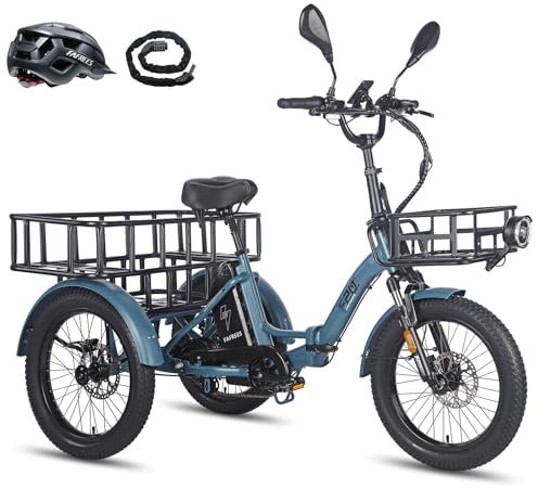 Fafrees F20 MATE Electric Tricycle Bike, 20 * 3.0 Inch Folding Fatbike, 48V/21Ah Battery, Front Basket + Large Rear Rack, Range 85-115KM, Electric Cargo Trike for Adult Senior, Blue
