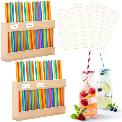 LemonRoad 2 Pcs Wooden Straw Holders for Cabinets Straw Organizer with Double Sided Adhesive Round Glue & Stickers for Reusable Metal/glass Straws, Compatible with Long & Short