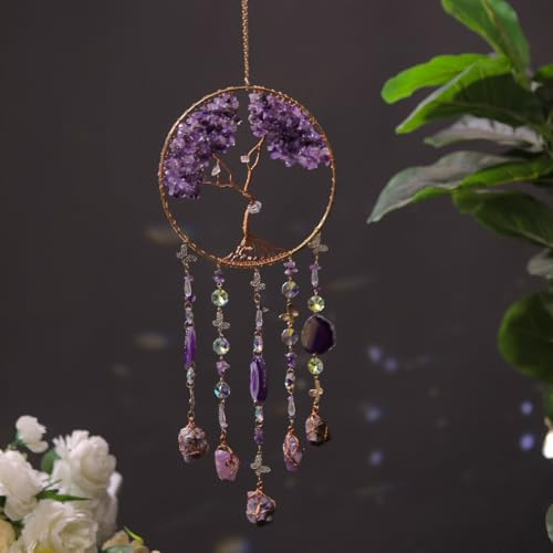 Traumfänger Craft Ornament mit Kristall Achat Farbe Natürlicher Edelstein Achat Wandhänge Zimmer Garten Xmas Hochzeit Dekor (Purple Qingcheng)