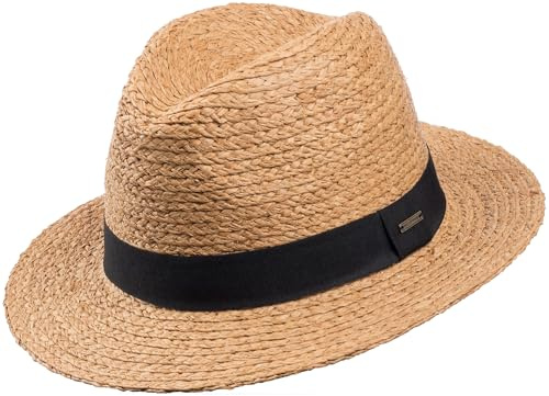 Drago Raffia Strohhut für Herren & Damen | Klassischer Sommerhut aus Naturfaser | Havannahut | Traveller-Hut mit schwarzem Stoffband | Raffiahut unisex (DE/NL/SE/PL, Alphanumerisch, S, M, tobacco)