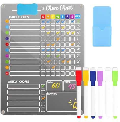 SQAQS Magnetic Dry Wipe Calendar Refrigerator Sticker Planning Board, Improve Efficiency, Family Weekly Chores Checklist with Meal Planner, 40x33 cm, Reusable Plan Manual, Includes 6 Markers & Eraser