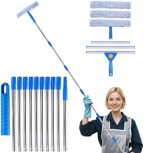 MEESHEEP 3.8m Window Cleaning Equipment Kit with Long Extendable Pole | Telescopic Window Cleaner Tool for High Windows, Glass, Car, RV, 35cm Scrubber *3, Silicone Squeegees(35cm *2 & 25cm *1)
