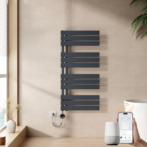 EMKE WiFi Handtuchheizkörper Elektrisch 1041x500 mm - Flach Badheizkörper Elektrisch, Elektrischer Handtuchwärmer Handtuchtrockner Handtuchheizung mit Thermostat und Heizstab - 600W, Anthrazit