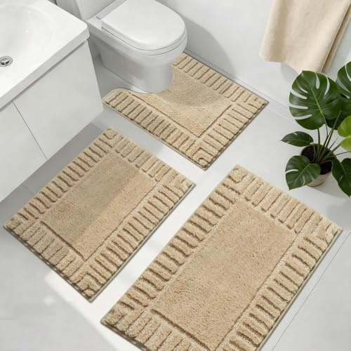 Famibay Badezimmerteppich Set 3 teilig Badteppich rutschfest Waschbar Badematte und WC Vorleger Weich Absorbierende Badvorleger Beige Badezimmer Teppich