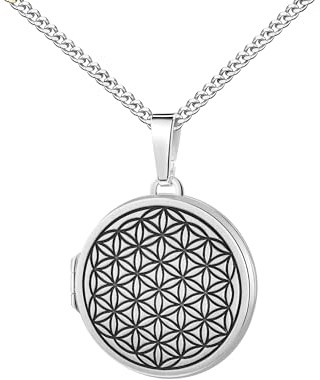 JEVELION Kettenanhänger Medaillon Silber 925 rund mit geschwärzter Ornamentverzierung Blume des Lebens Amulett Anhänger für 2 Bilder zum Öffnen. Mit Kette 925 Silber - Kettenlänge 45 cm.