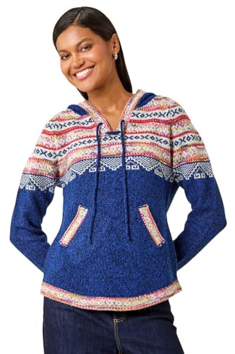 Roman Originals Women Jumper with Hood Ladies Winter Knitted Hoodie with Pockets Fairisle Nordic Aztec Print Hooded Sweater Knit Knitwear Autumn Flattering Casual Smart - Navy Nordic - Size 14