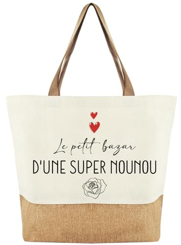 Tarklanda Cadeau Nounou Sac Jute Tote Bag Femme, Sac Cabas de Plage Courses Coton et Jute, Cadeau Idée pour Nounou à la Anniversaires, Fin de Contrat, Merci, Remerciement