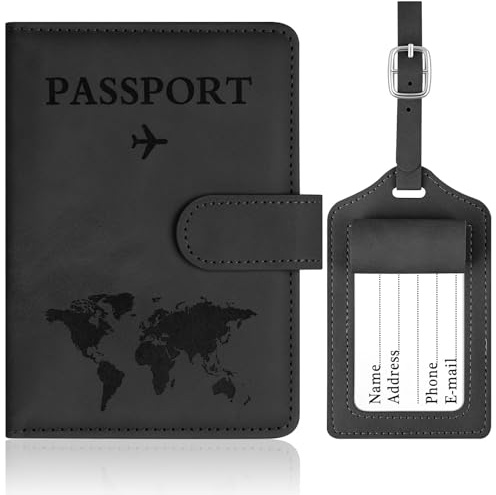 OFFCUP Custodia per Passaporto, Custodie Porta Passaporto con Blocco RFID, Custodia Passaportos con Etichetta Valigia in Pelle PU per Carte d'Identità Carte di Credito, Passaportos Pass (Nero)