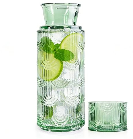 BUERPINKING Nachttisch Wasserkaraffe Set mit Becher Glas, Wasserkaraffe mit Deckel Set, Mundwasser Flasche Karaffe, Wasserkaraffe Glas mit Einem Muster für Getränke Eistee Milch Kaffee (Green)