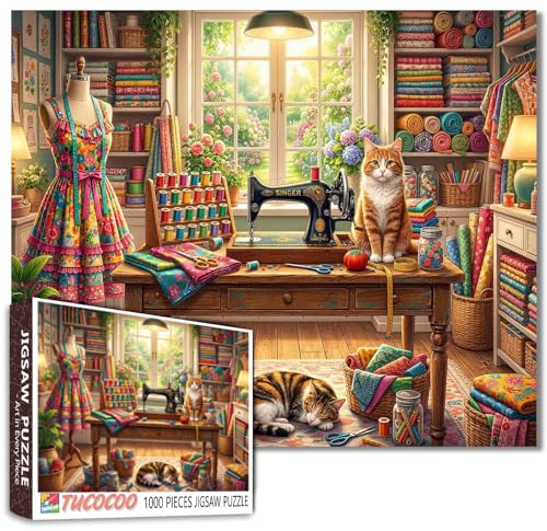 Sewing Room Jigsaw Puzzles for Adults 1000 Pieces Vintage Sewing Machine DIY Puzzles for Family Activity Games Cute Cat and Floral Art Jigsaw Puzzles Home Wall Decor Craft Gifts 19.7 x 27.6 Inch
