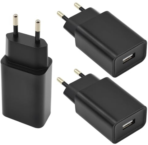 3 Pezzo Alimentatore USB 5V 2A 10W Spina Euro Caricabatterie Adattatore | Telefono, Monitor, Cuffie, Lampada da Tavolo, Lettore E-Book, Tablet Bambini - Nero