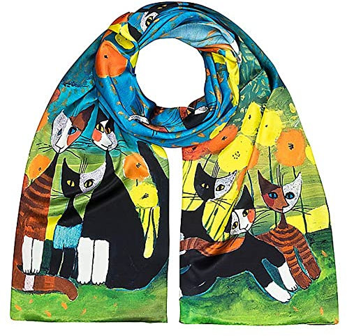 VON LILIENFELD Schal Damen 100% Seide Rosina Wachtmeister: All Together Katzen Kunst Motiv Halstuch Seidenschal Seidentuch Kanten handgerollt 172 x 42 cm