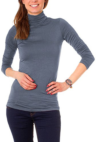 Easy Young Fashion Basic Damen Langarm Shirt Rollkragen Unterziehrolli One Size Jeansblau