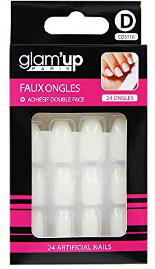 Glam’Up Paris - Faux Ongles - Pleine Couverture - Facile à Utiliser - 24 Faux Ongles par Boîte + Adhésifs Double Face - Forme Ballerine - N°116 - Blanc
