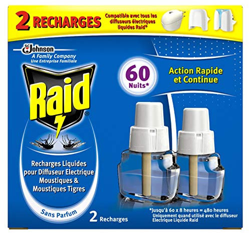 Raid Recharges pour Diffuseur Électrique Liquide, Moustiques et Moustiques Tigres, 60 Nuits, Insecticide, Lot de 2