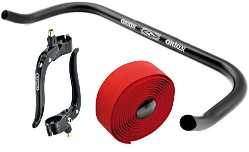 Permanent-Fahrrad Bullhorn Fixie Singlespeed Rennrad Triathlon Lenker Schwarz 440mm mit Bremshebel und Rotem Lenkerband