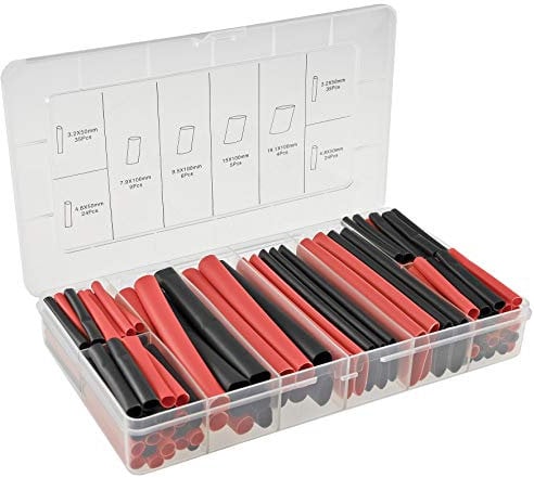 ChiliTec Assortimento di tubi termoretraibili, 142 pezzi, autoadesivi sul lato interno, tasso di restringimento 3:1, 2 colori nero rosso
