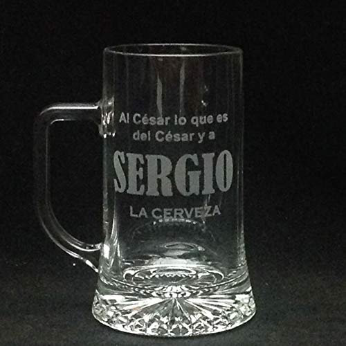 regalo grabado Jarra Cerveza personalizada y grabada con Dibujo, Nombre, Logo, Escudo.. Vidrio (Asa a la Izquierda)