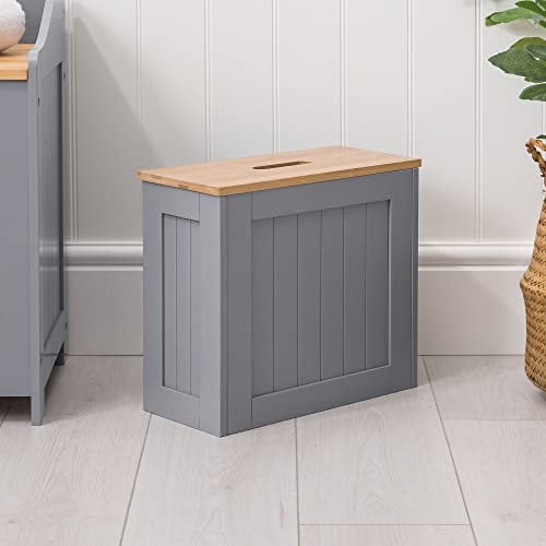 CHRISTOW Small Bathroom Storage Unit, Grey & Bamboo Toilet Roll Cabinet, Compact Slimline Wooden Bathroom Box, Multi Purpose Cleaning Tidy Organiser