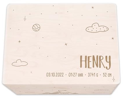 hellomini Personalisierte Erinnerungsbox aus Holz • Gravierte Aufbewahrungsbox mit Namen & Geburtsdaten • Geschenk zur Geburt, Taufe & Geburtstag • Hochwertige Baby-Erinnerungskiste (Bergwelt)