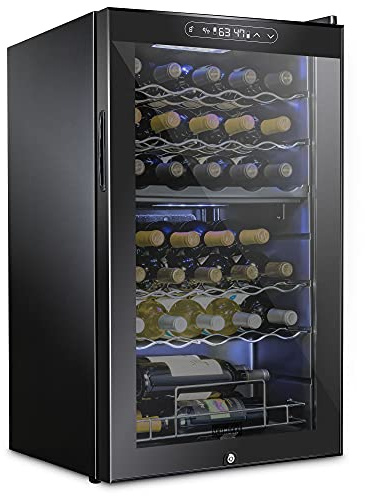 SCHMECKE 33 Bottle Dual Zone Wine Cooler Refrigerator w/Lock | Large Freestanding Wine Cellar | 41f-64f Digital Temperature Control Wine Fridge For Red, White, Champagne or Sparkling Wine - Black