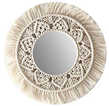 Luckxing Wandbehang Spiegel Makrames Rund Wand Spiegel, Hängender Wandspiegel Mit Makramee-Rand Kleine runde dekorative Boho Antiker Spiegel für Wohnung Wohnzimmer Schlafzimmer Baby Kinderzimmer
