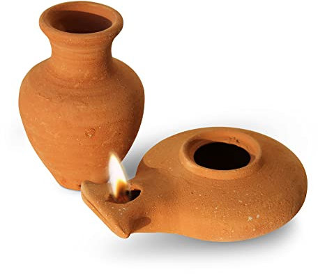 Biblical Clay Oil Lamp with Jar – Herodian Style Terra-Cotta Lamp – Handmade in The Holy Land – Ancient Replica from Archaeological Finds – Christian & Jewish Faith Artifact