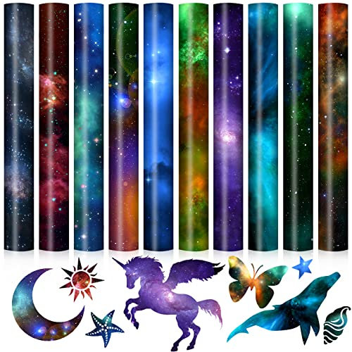 Souarts Plotterfolie Textil Set, Sternenhimmel Muster Vinylfolie Transferfolie zum Aufbügeln, Galaxie Sternennebel Wärmeübertragungsfolie Plotter für DIY T-Shirt Textil Handwerk Leder (Bunt 10PCS)