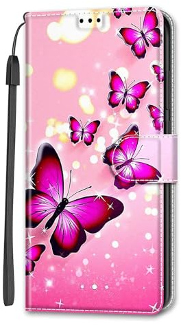 iPhone SE 2022/2020/8/7 Flip Folio Case - PU Leather & Silicone Bumper - Wallet Stand with Card Holder - Red Butterfly