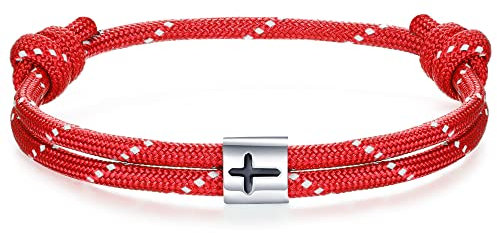 J.Endéar Kreuz Nautisches Armband Herren | Handgefertigtes Segeltau Paracord mit Silber 925 Spirit Armband Damen | Jungen Geschenk Surf Sea Armband, Rot