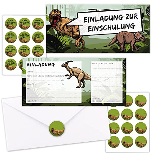 younikat Einladungskarten Einschulung 10 Stück Dinosaurier - mit Umschlägen und passenden Aufklebern I Einschulungsfeier Dino I dv1115