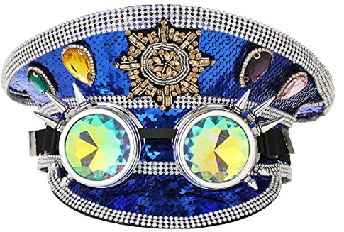 COSDREAMER Herren Steampunk Top Hüte Pailletten Brille Military Cap Punk Halloween Klassische Armee Militär Cap (Schwarz)