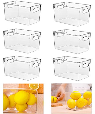 HPYLIF·H Transparent Pantry Organizer Bins, 6 Pack Fridge Storage Organisers, Storage Box with Handles, Plastic Storage Bins for Cupboard, Kitchen, Pantry, Cabinet - BPA Free Containers 24x13x11.5cm
