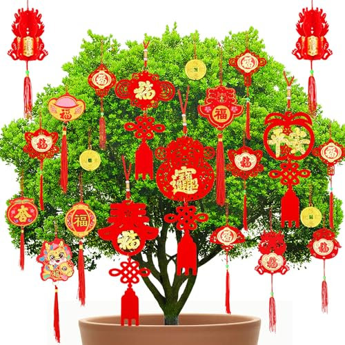 JUNEBRUSHS 43 Stück Chinesische Neujahr Deko 2025 Rote Chinesische Neujahr Knoten Anhänger 17 Stile Chinesische Frühlingsfest Dekorationen Schlange Neujahr Deko für Party Zuhause Büro Auto Baum