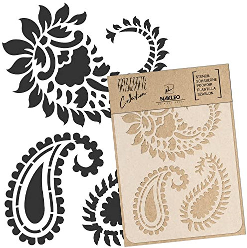 NAKLEO Malschablone für Handwerk A5 15x21cm, Paisley Türkisch Orientalisch Blumen Muster, Wiederverwendbare Kunststoff DIY & Scrapbooking Zeichenschablone, Decoupage Kunst Vorlage, Stoff Möbel Holz