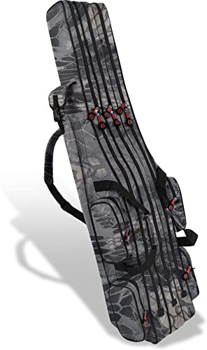 normani Rutentasche Rod Case Angelkoffer Futteral mit 2, 3 oder 4 Ruten-Fächern, Verschiedene Längen wählbar - stark wasserabweisender Fishing Rucksack Night Camo 3 Innenfächer 150 cm