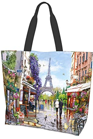 Paris Street Scene Torre Eiffel Coco Playa Puesta de sol Hamaca Bolsa de hombro de lona para mujer, Bolsa de asas impermeable reutilizable Bolsa ecológica grande Bolsa de compras Bolsa de playa