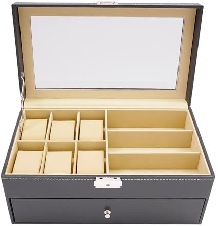 KOLHGNSE Uhrenbox, 9/15/24 Slots Uhrenkasten Brillenbox Schmuck Uhrenbox Aufbewahrungsbox Brillenhalter Uhrenkoffer für Uhren & Brillen Uhrenaufbewahrung (9+6 Slots)